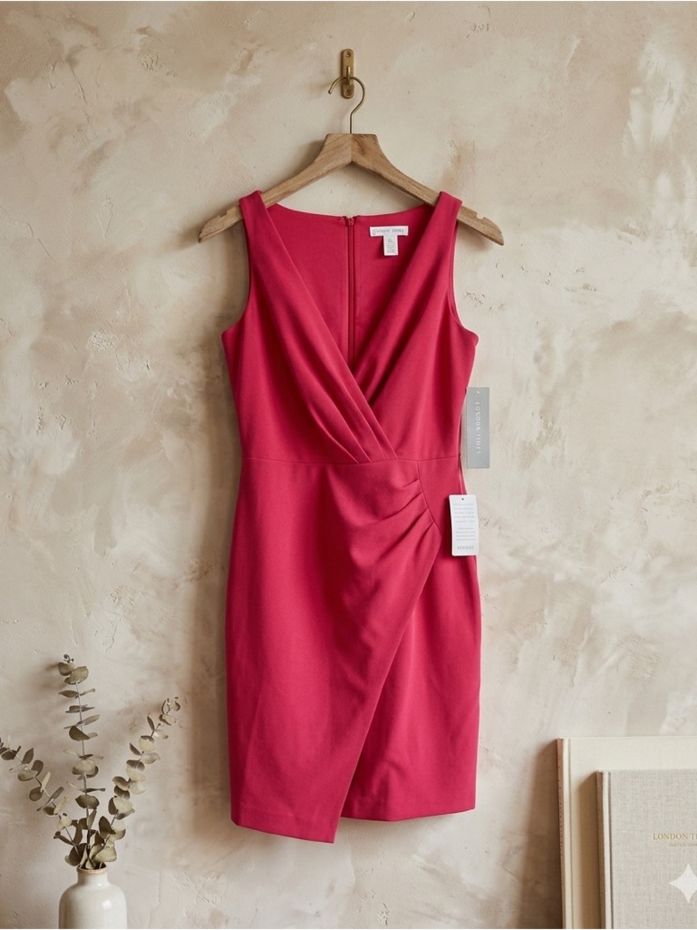 London Times Abella Dress Red Faux Wrap Pleated Size 8 NWT Flaw